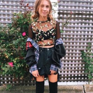 NWOT LF flower embroidered mesh long sleeve top